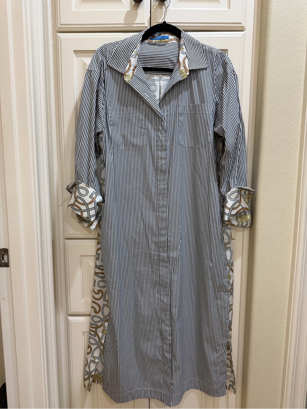 J. McLaughlin Black & White Striped Midi Shirt Dress with Chain-Print Trim
